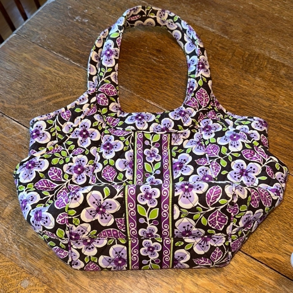 Vera Bradley Plum Petals Purple & Green Floral Quilt Semicircle Tote Bag Purse